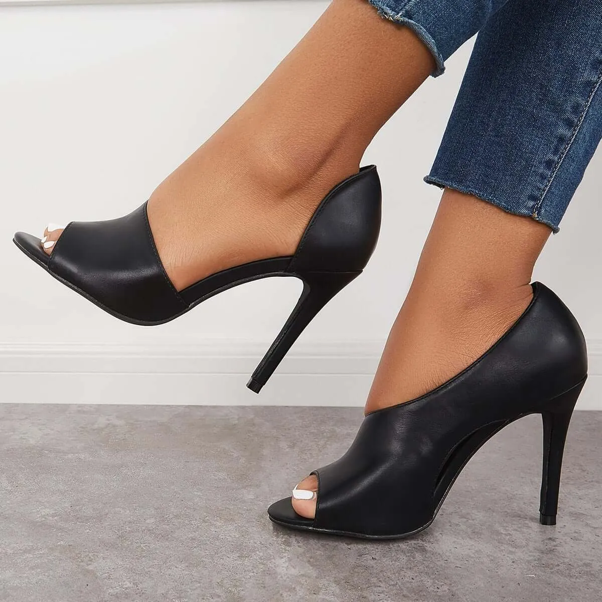 Black Cut Out Stiletto High Heels Peep Toe Dress Pumps