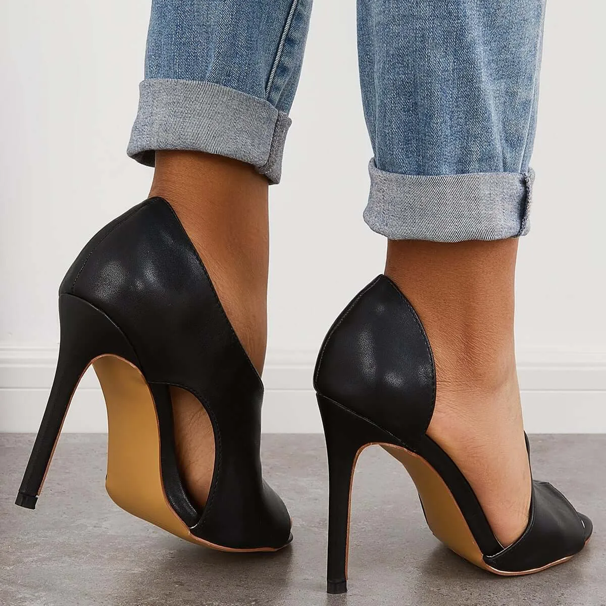 Black Cut Out Stiletto High Heels Peep Toe Dress Pumps