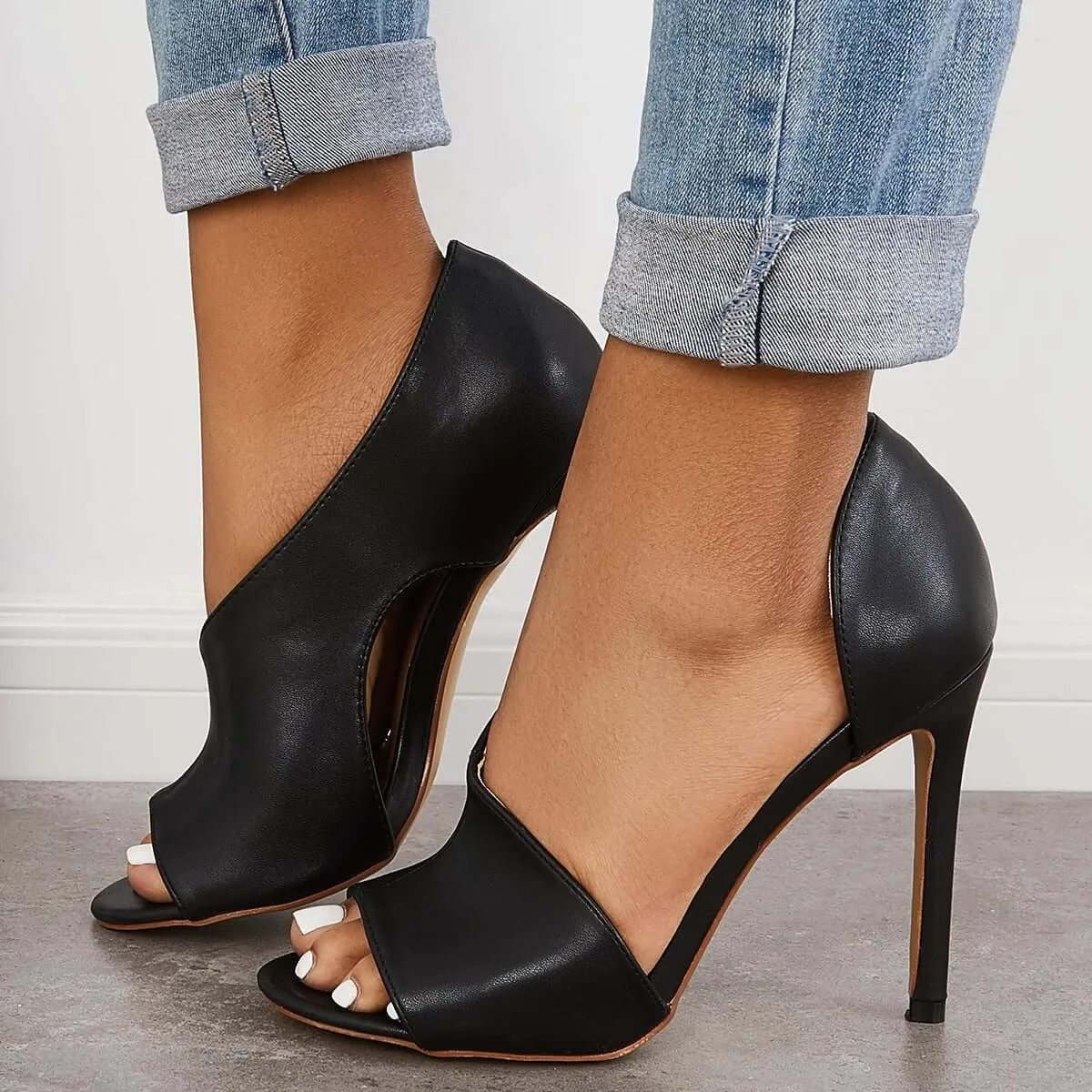 Black Cut Out Stiletto High Heels Peep Toe Dress Pumps