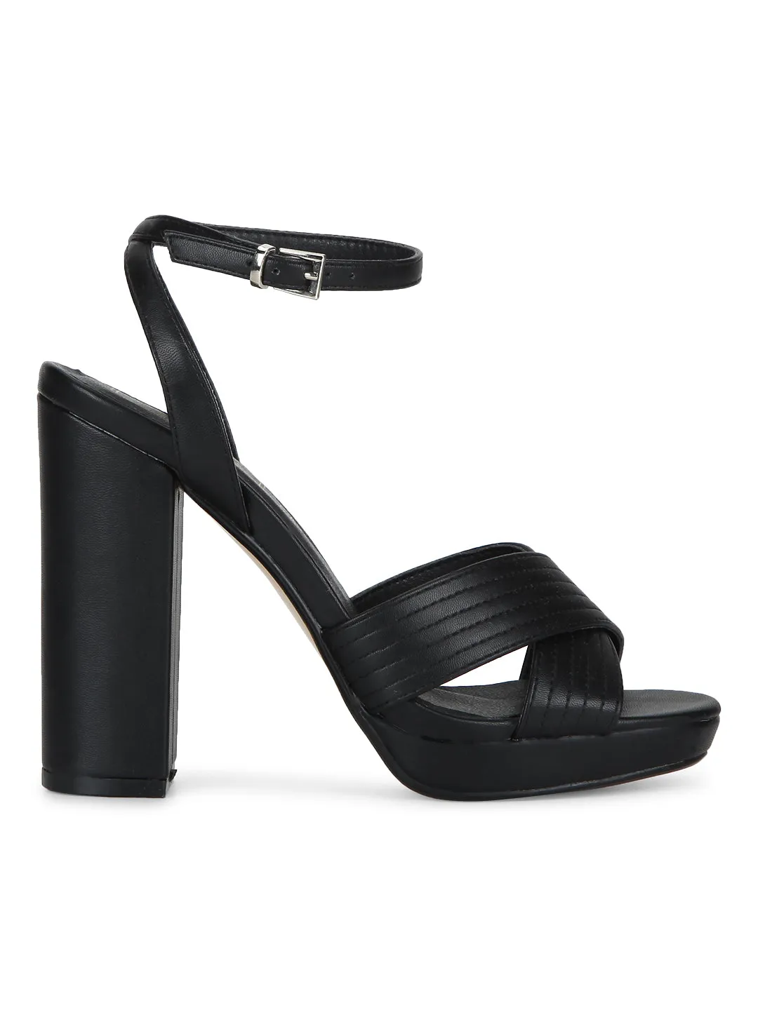 Black PU Ankle Strap Crossover Block Heels