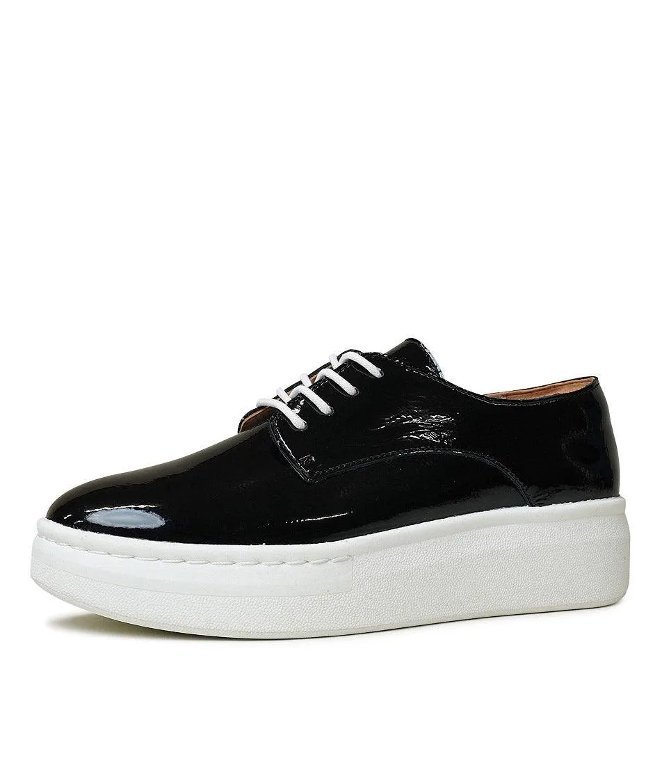 Derby City Black Crinkle Patent Leather Lace Up Flats