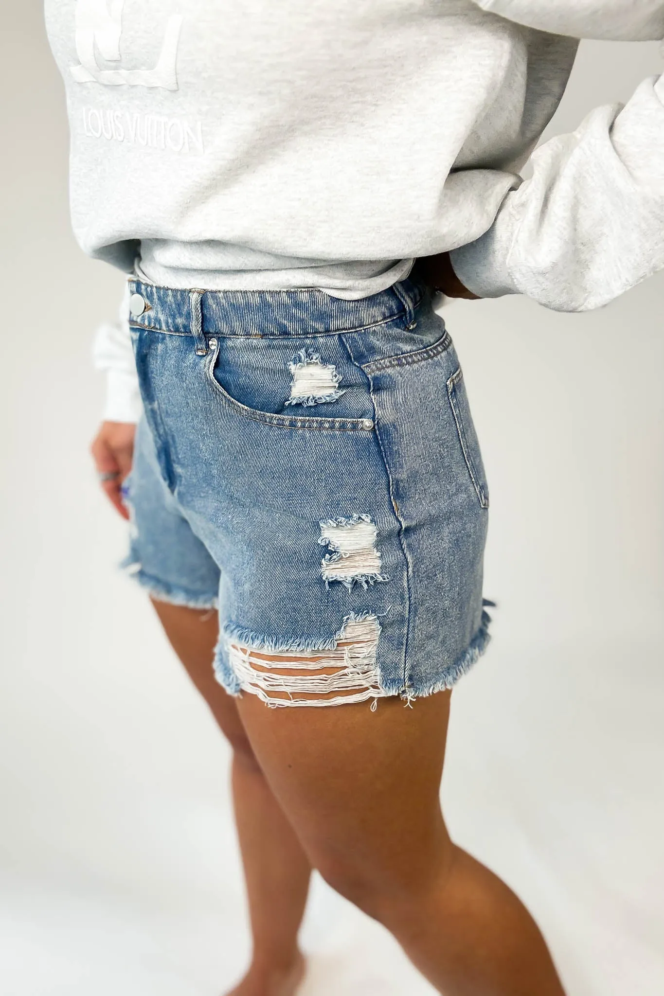 Distressed Blue High-Waist Denim Shorts