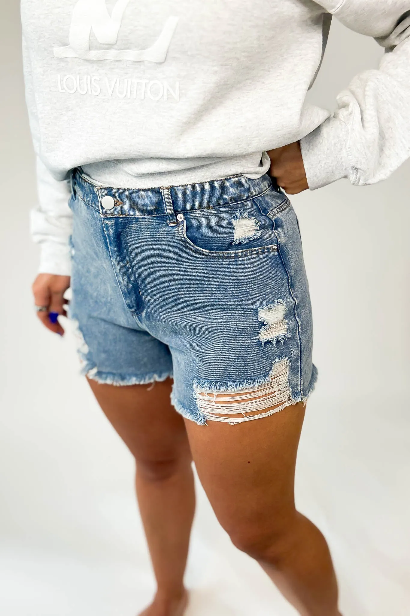 Distressed Blue High-Waist Denim Shorts