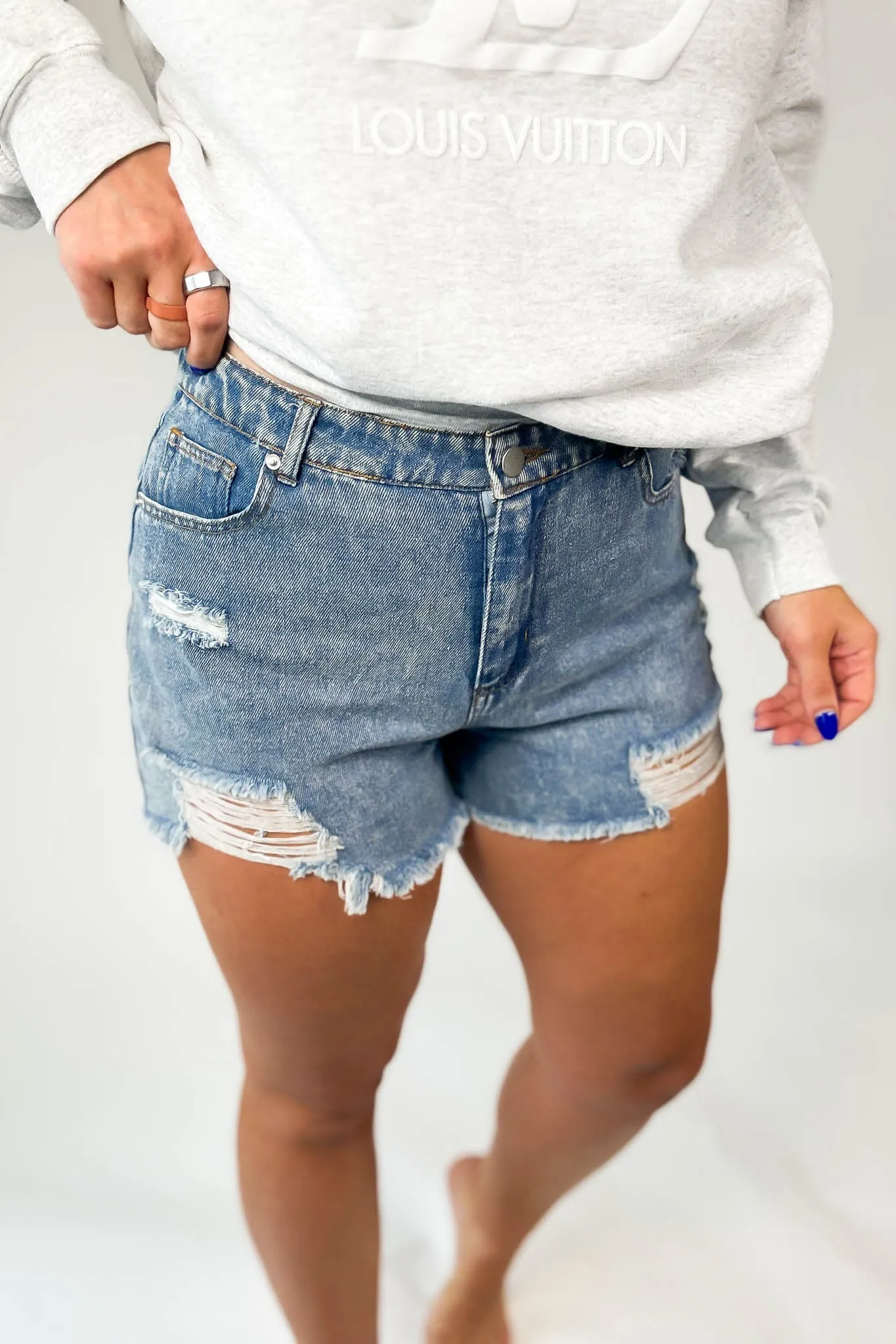 Distressed Blue High-Waist Denim Shorts