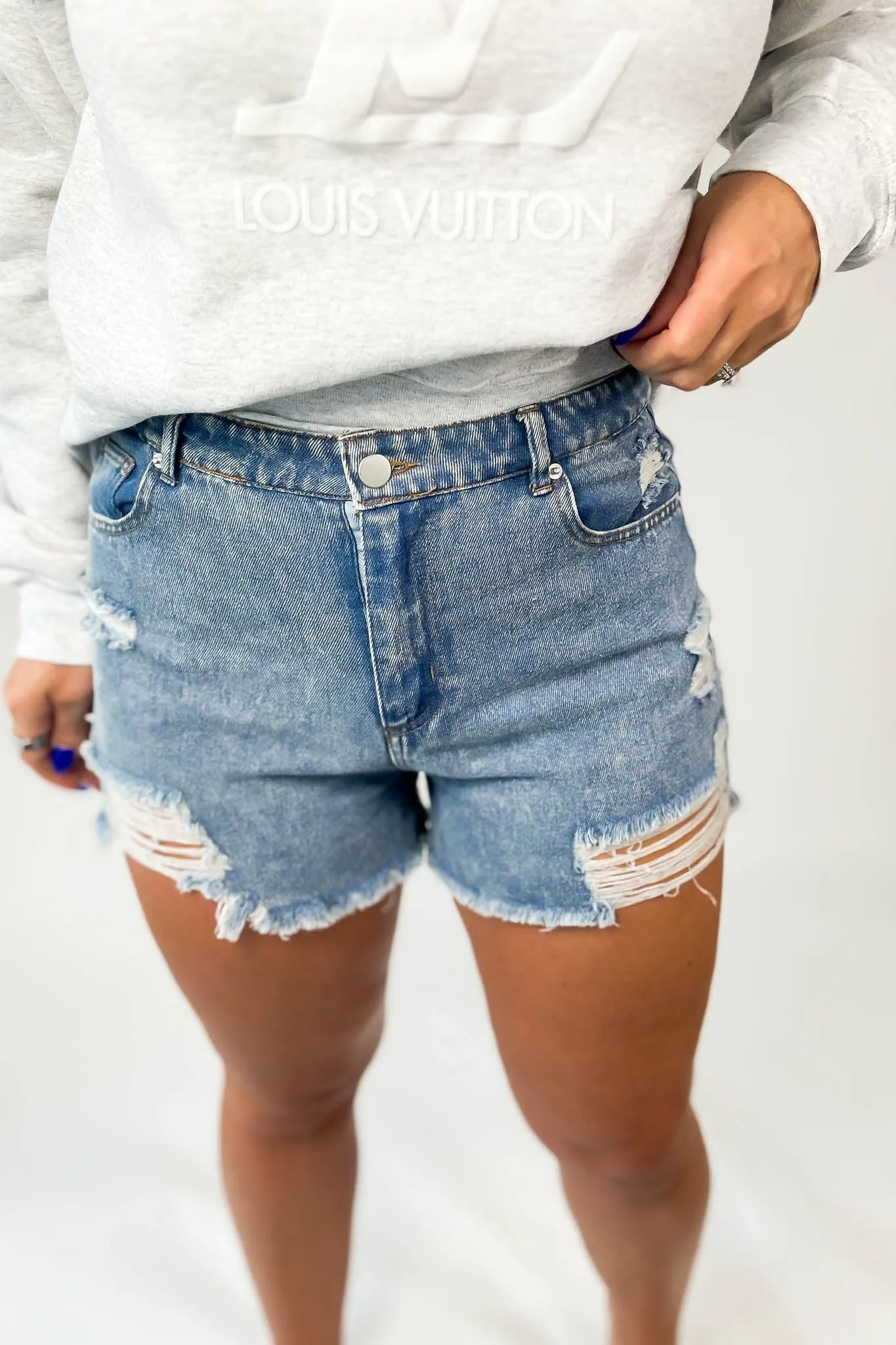 Distressed Blue High-Waist Denim Shorts