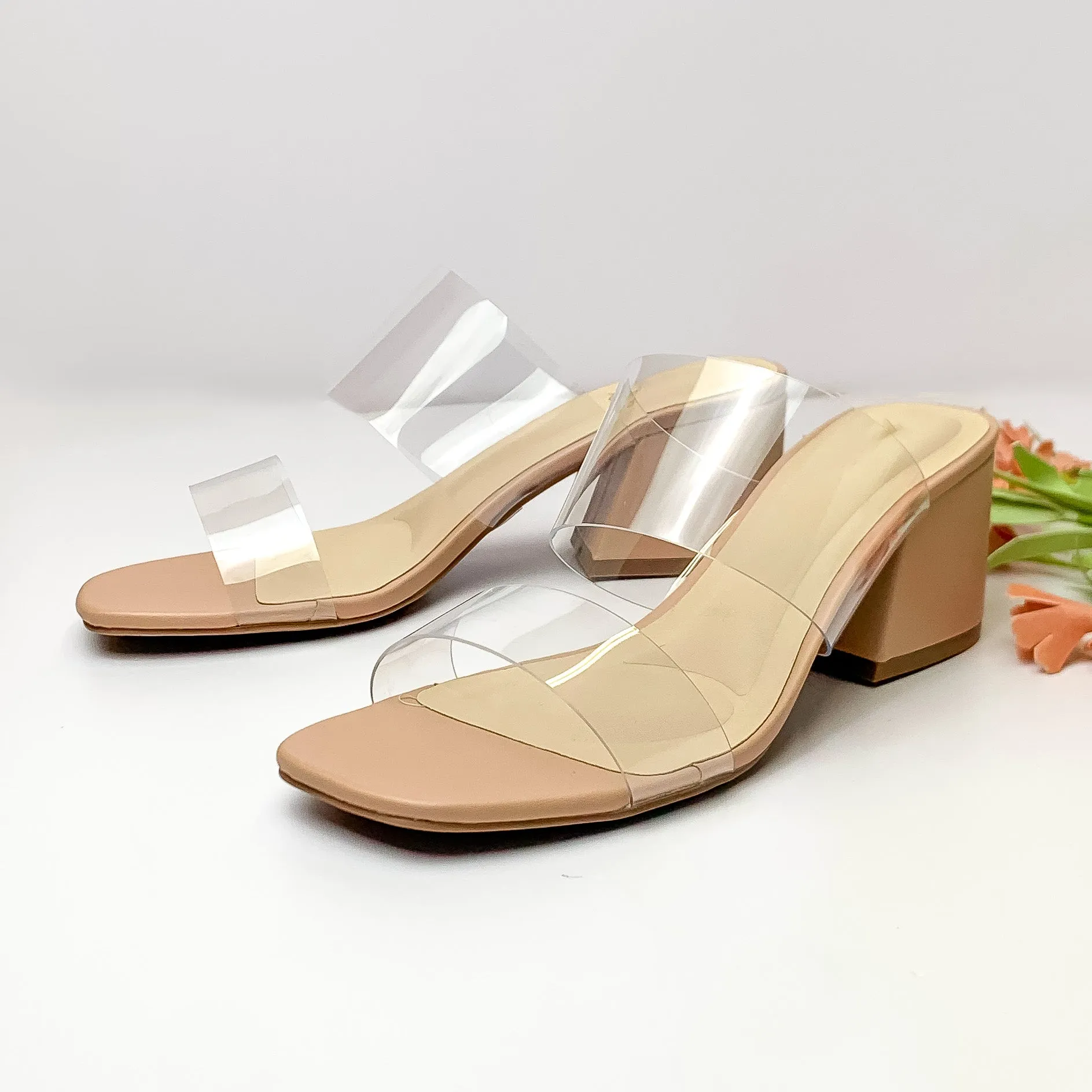 Effortless Nights Two Clear Strap Heeled Sandals in Nude