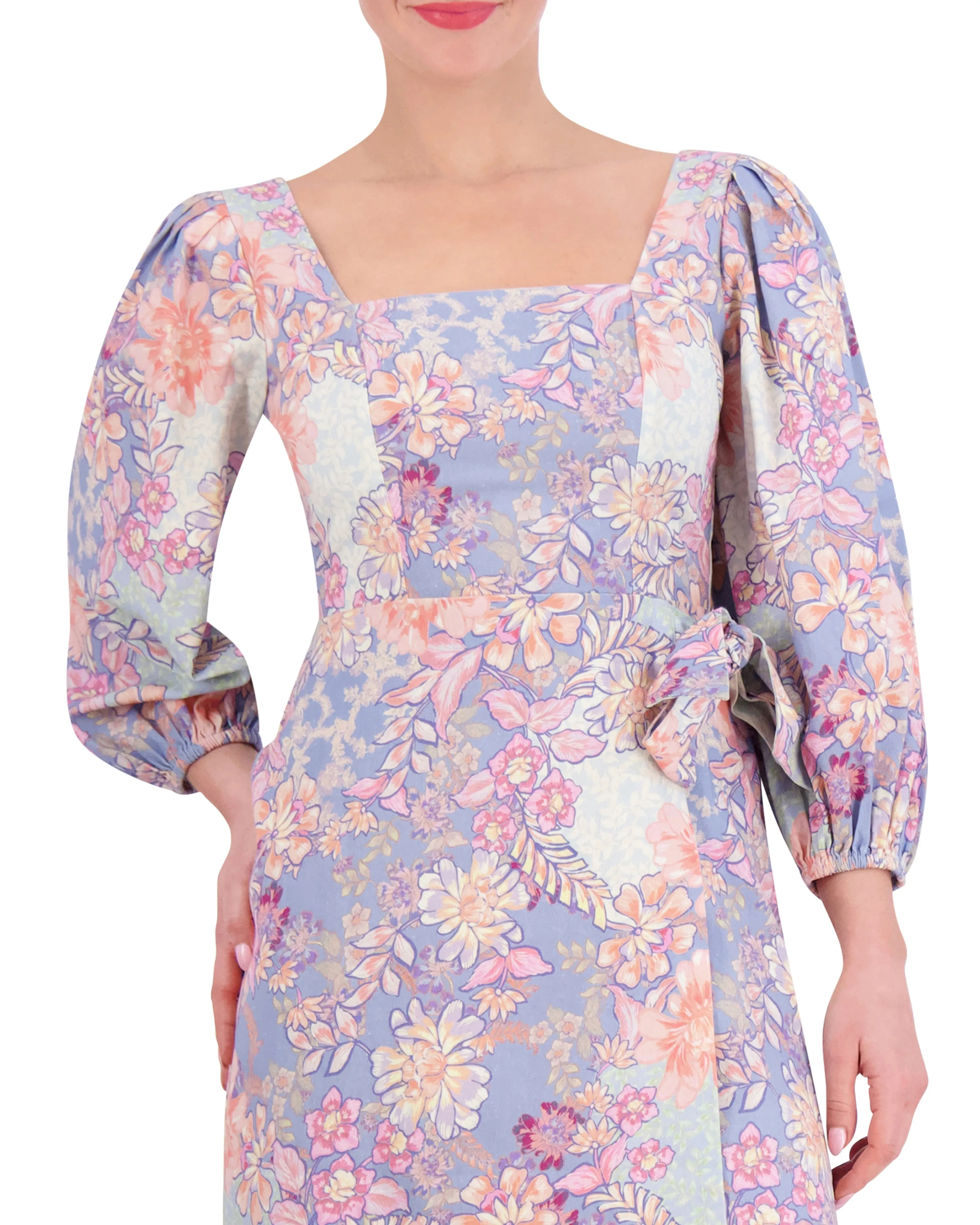 Floral-Print Smocked Geo-Neck Dress