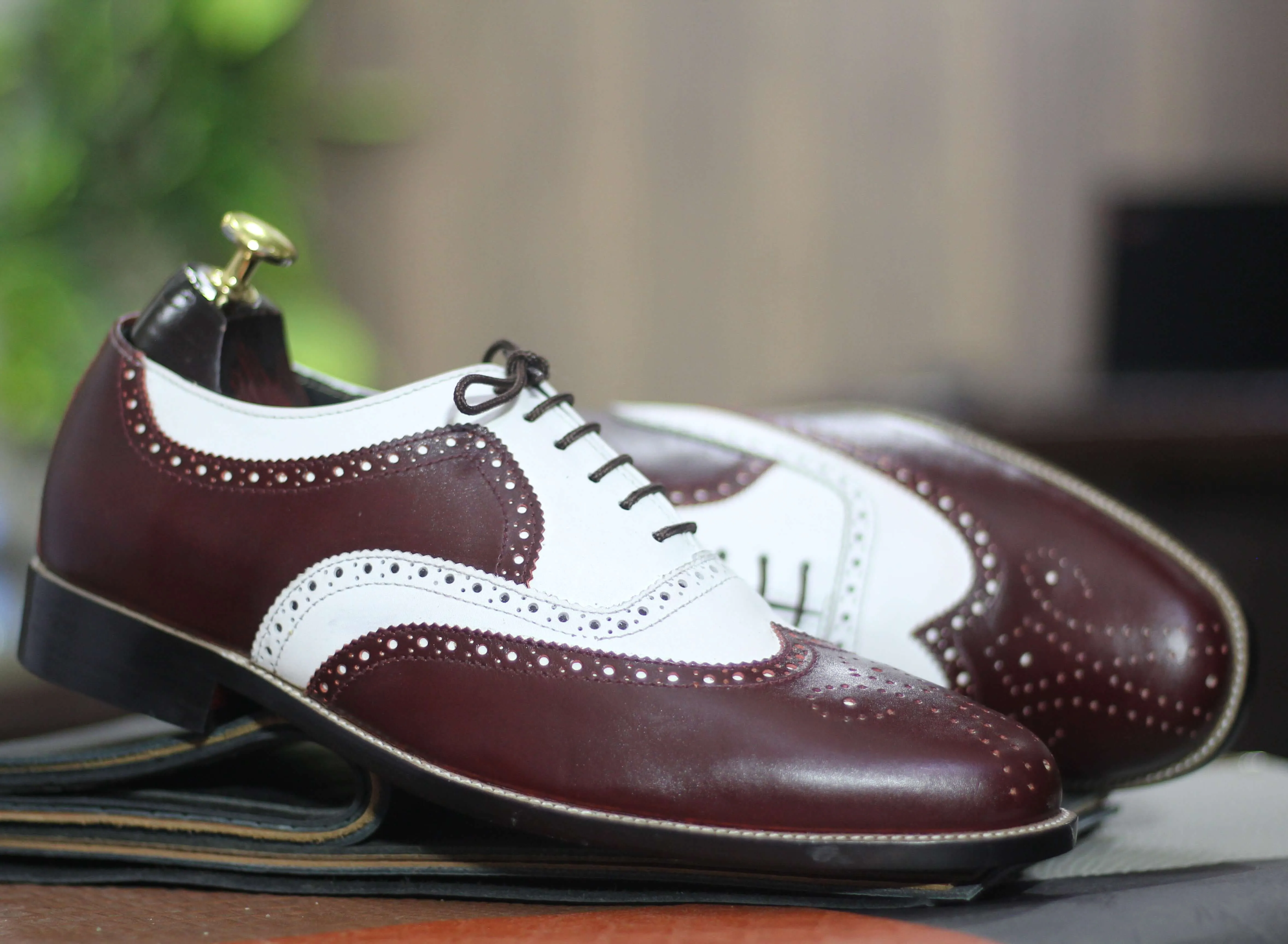 Handmade Two Tone Lace Up Wing Tip Brogue Toe Shoes, Men's Leather Shoes