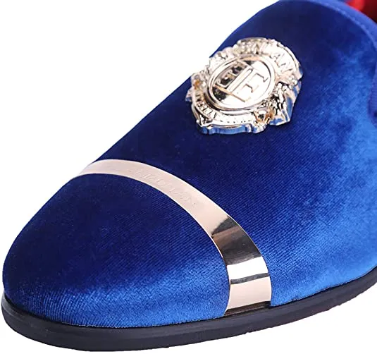 Men's Blue Dress Fashion Velvet Loafers w/Gold Detail