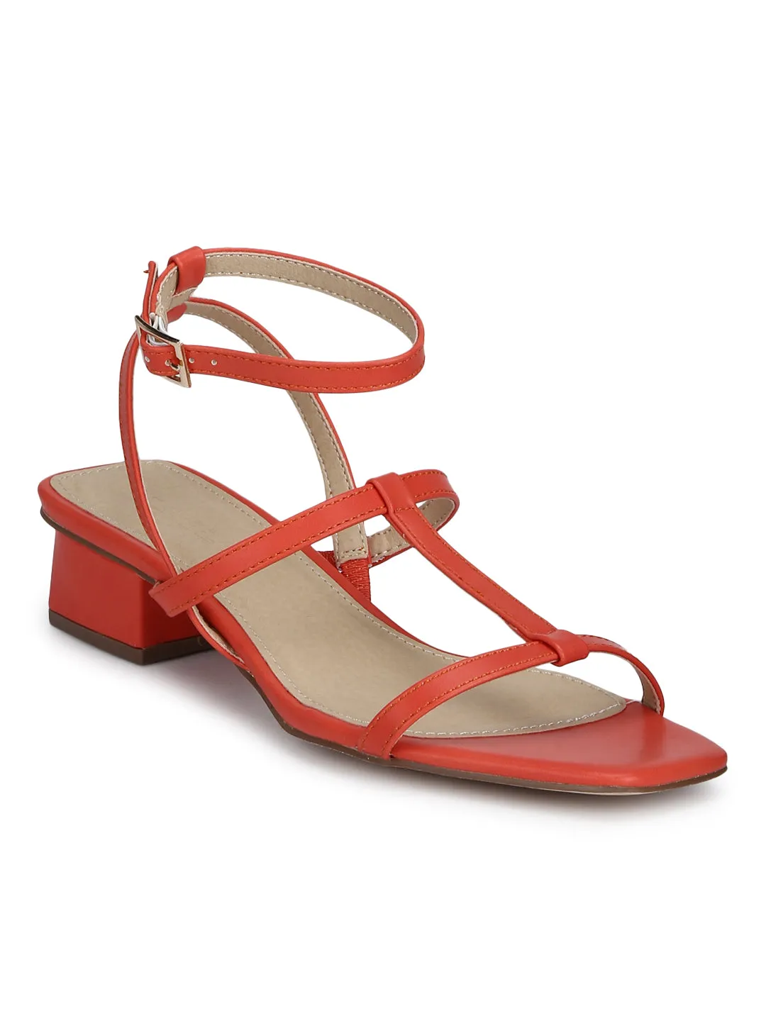 Orange PU Thin Strappy Ankle Strap Sandals