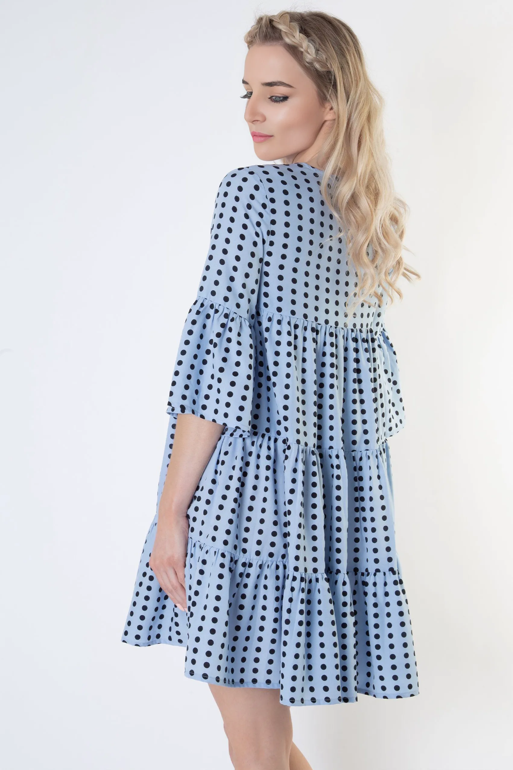 Pale Blue Spot Tiered Smock Dress