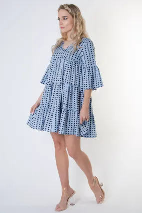 Pale Blue Spot Tiered Smock Dress