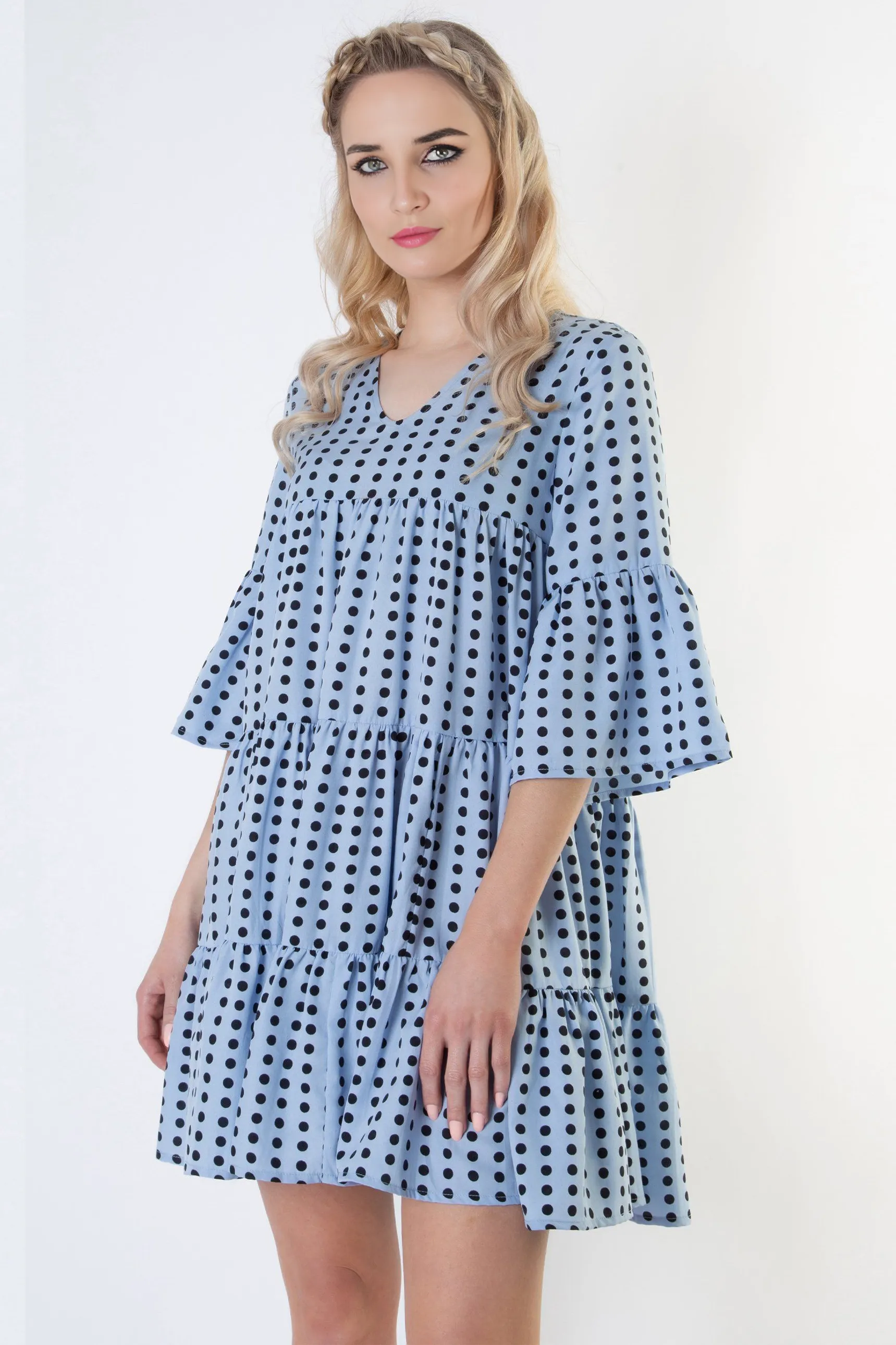 Pale Blue Spot Tiered Smock Dress