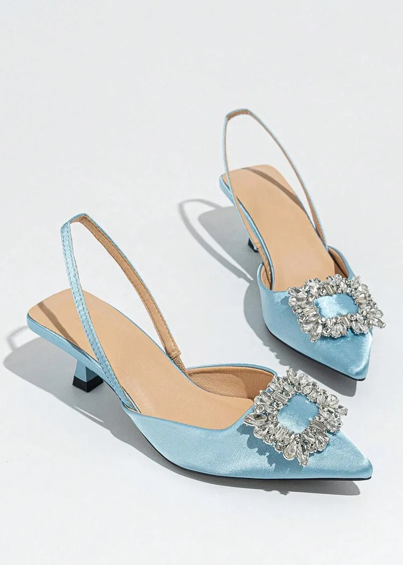 Rowyn Bejeweled Slingback Strappy Heels in Satin Blue