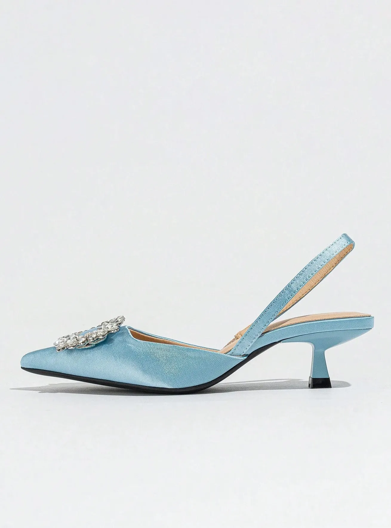 Rowyn Bejeweled Slingback Strappy Heels in Satin Blue