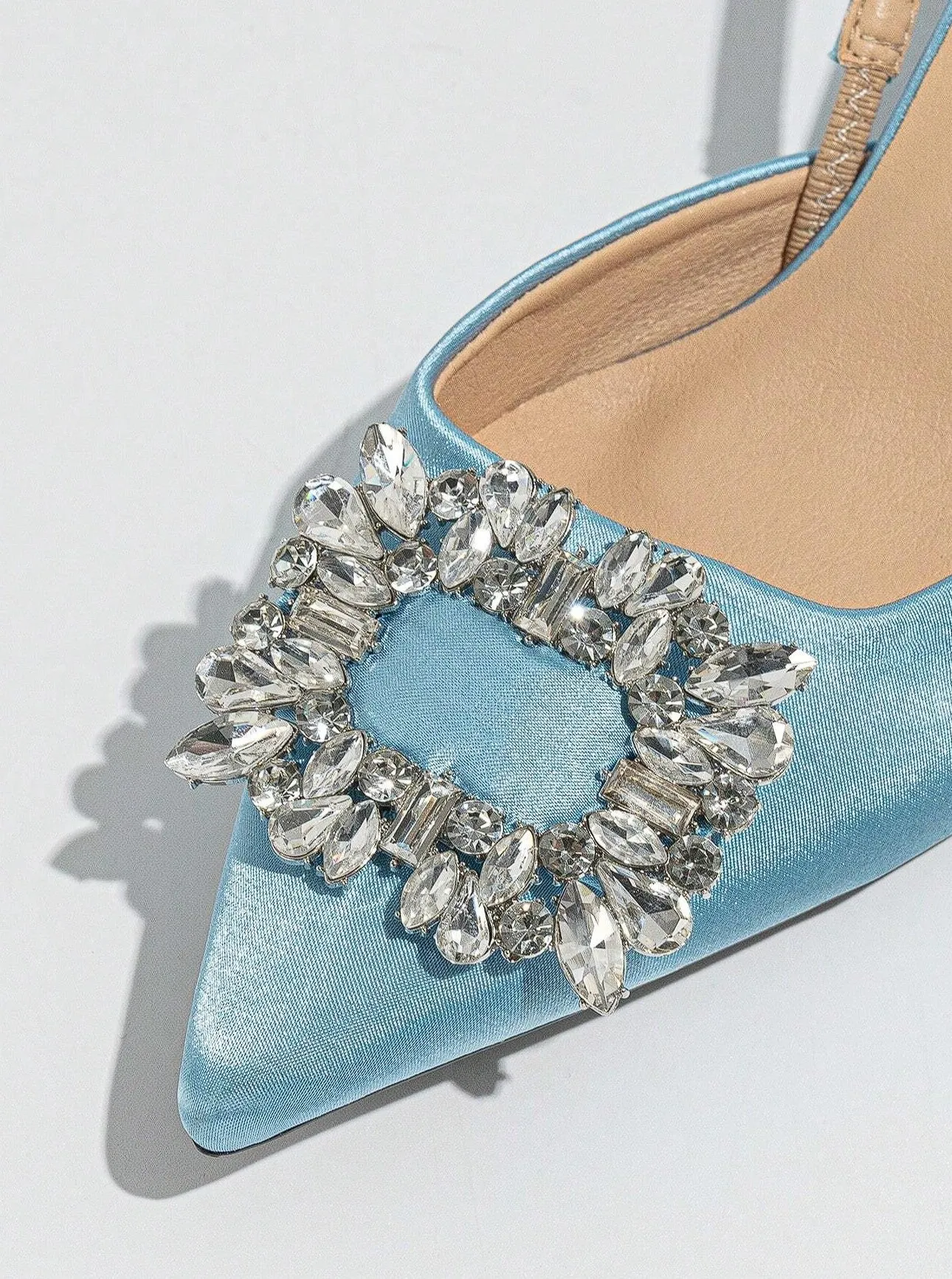 Rowyn Bejeweled Slingback Strappy Heels in Satin Blue