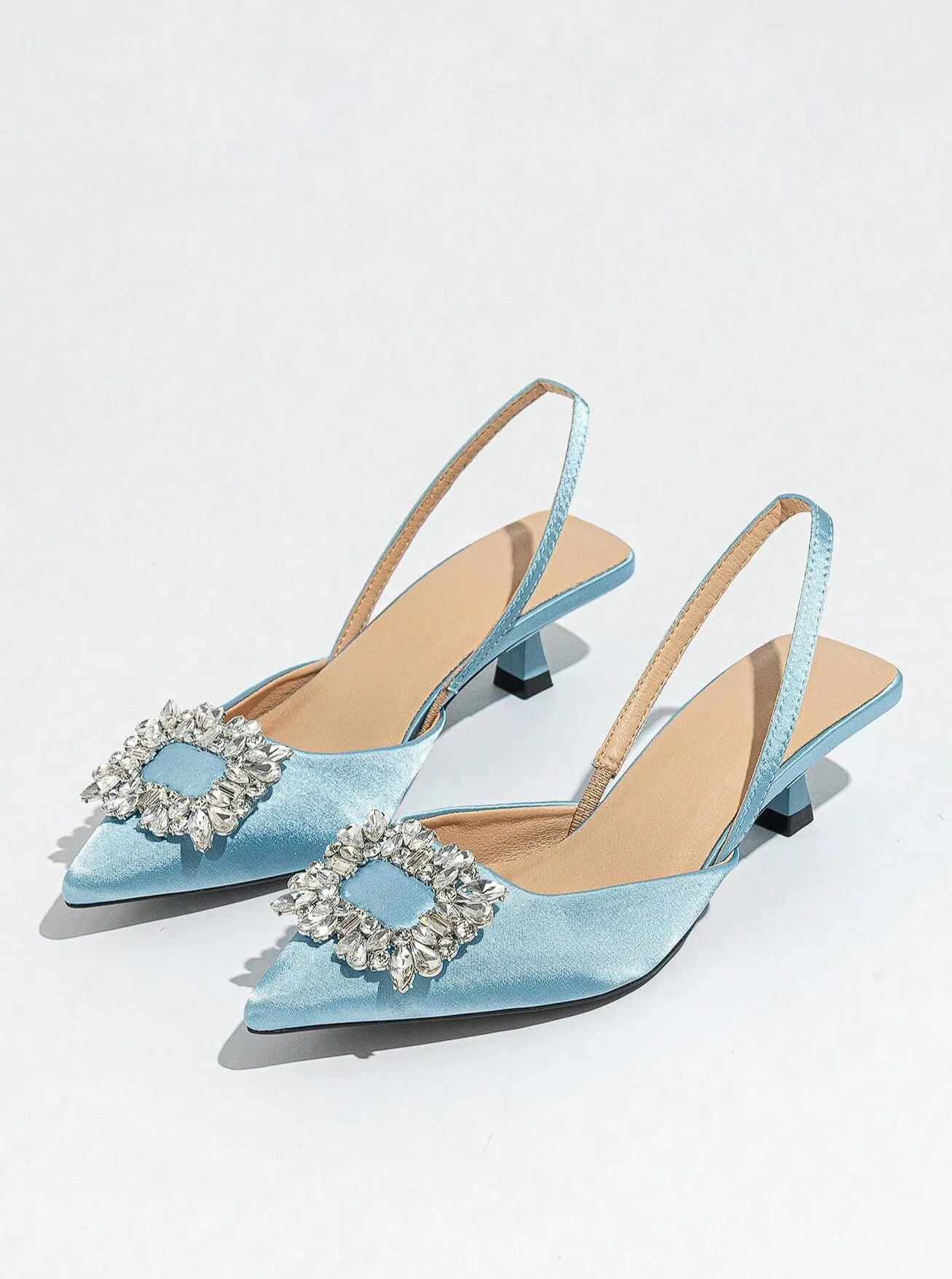 Rowyn Bejeweled Slingback Strappy Heels in Satin Blue