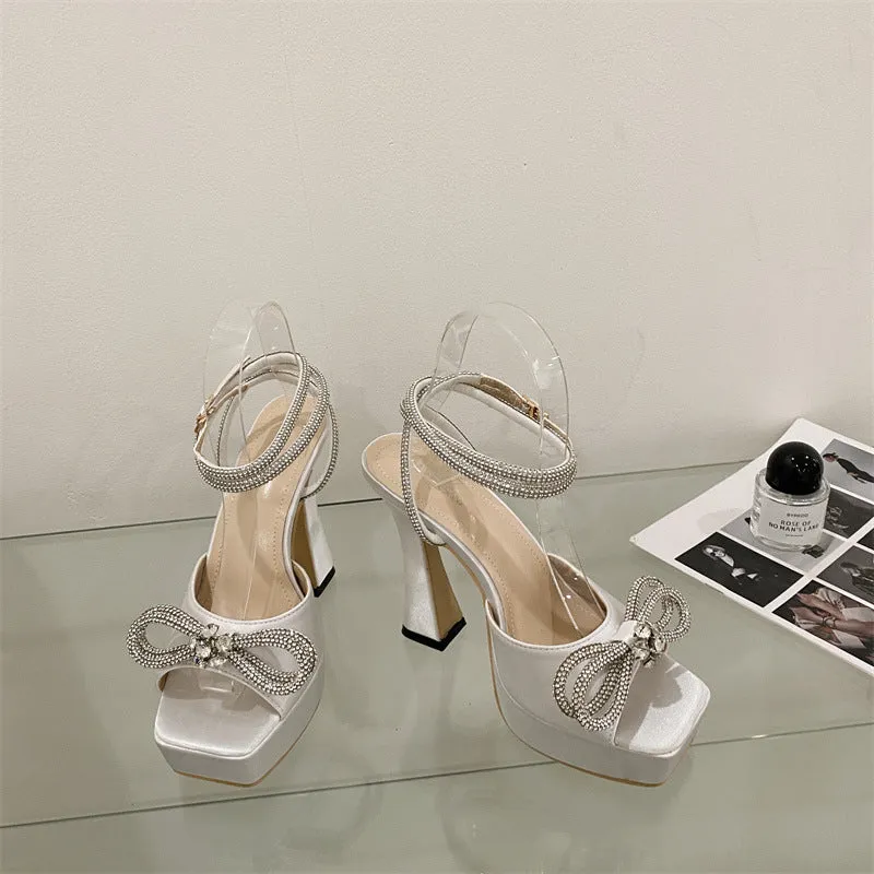 Satin Crystal Bow Knot Platform Heels