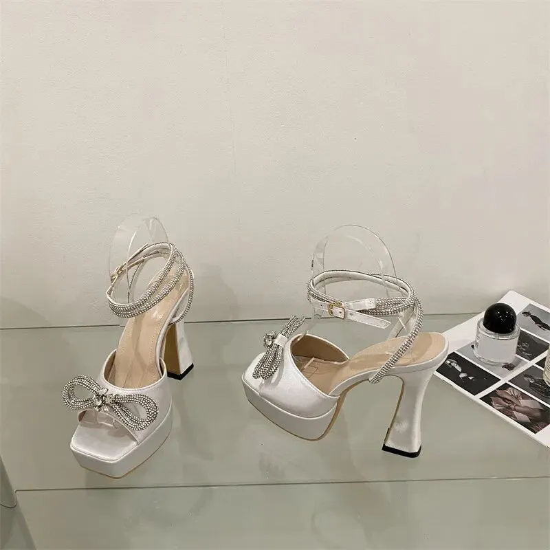 Satin Crystal Bow Knot Platform Heels