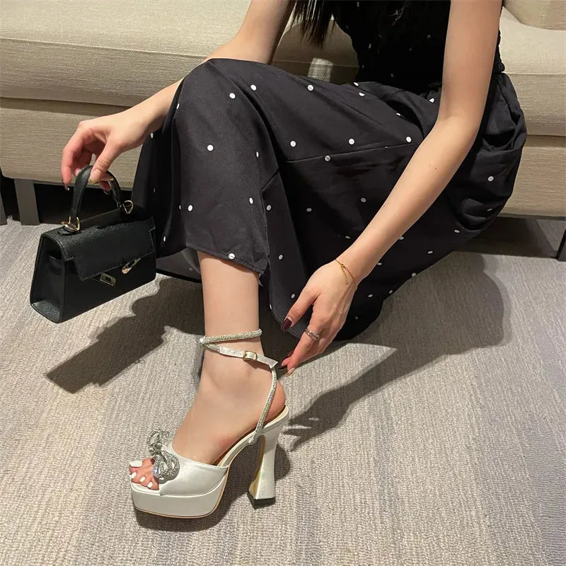 Satin Crystal Bow Knot Platform Heels