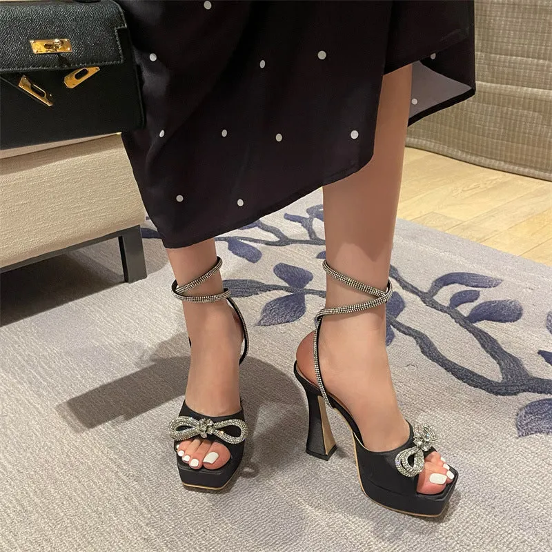 Satin Crystal Bow Knot Platform Heels