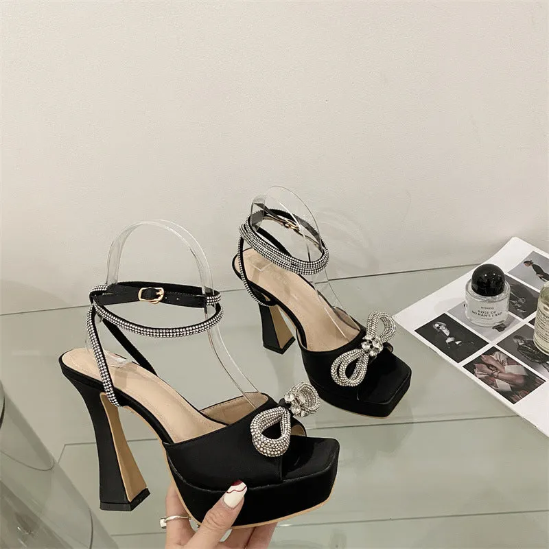 Satin Crystal Bow Knot Platform Heels