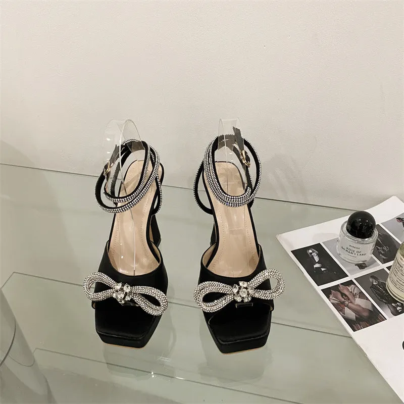 Satin Crystal Bow Knot Platform Heels