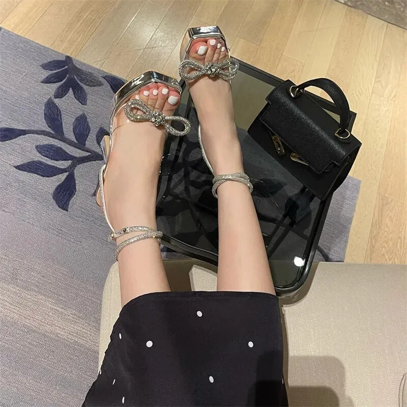 Satin Crystal Bow Knot Platform Heels