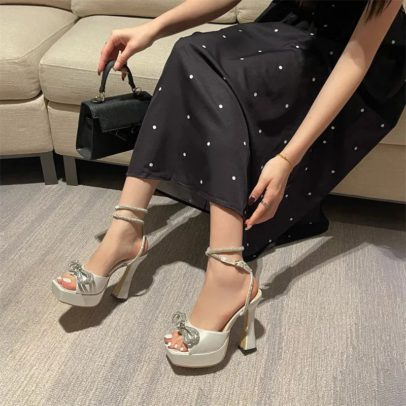 Satin Crystal Bow Knot Platform Heels