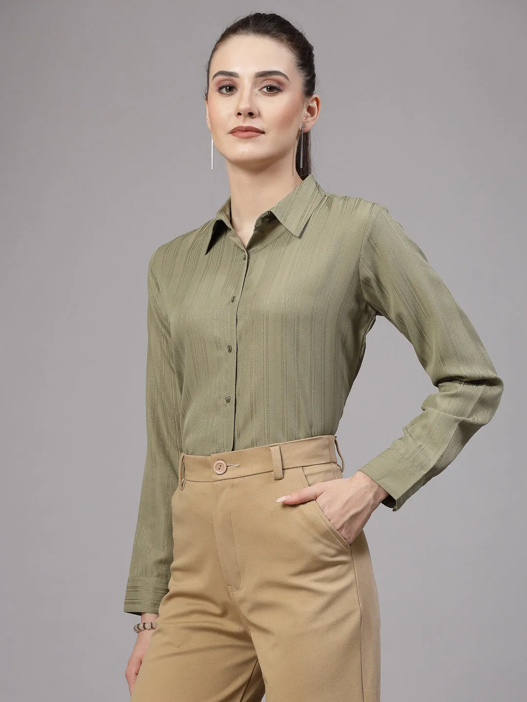 Style Quotient Women Olive Self Design Polyester Formal Shirt