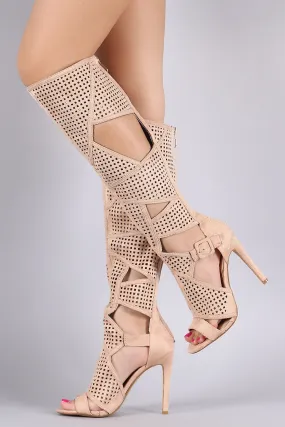 Suede Perforated Cutout Stiletto Knee High Boots