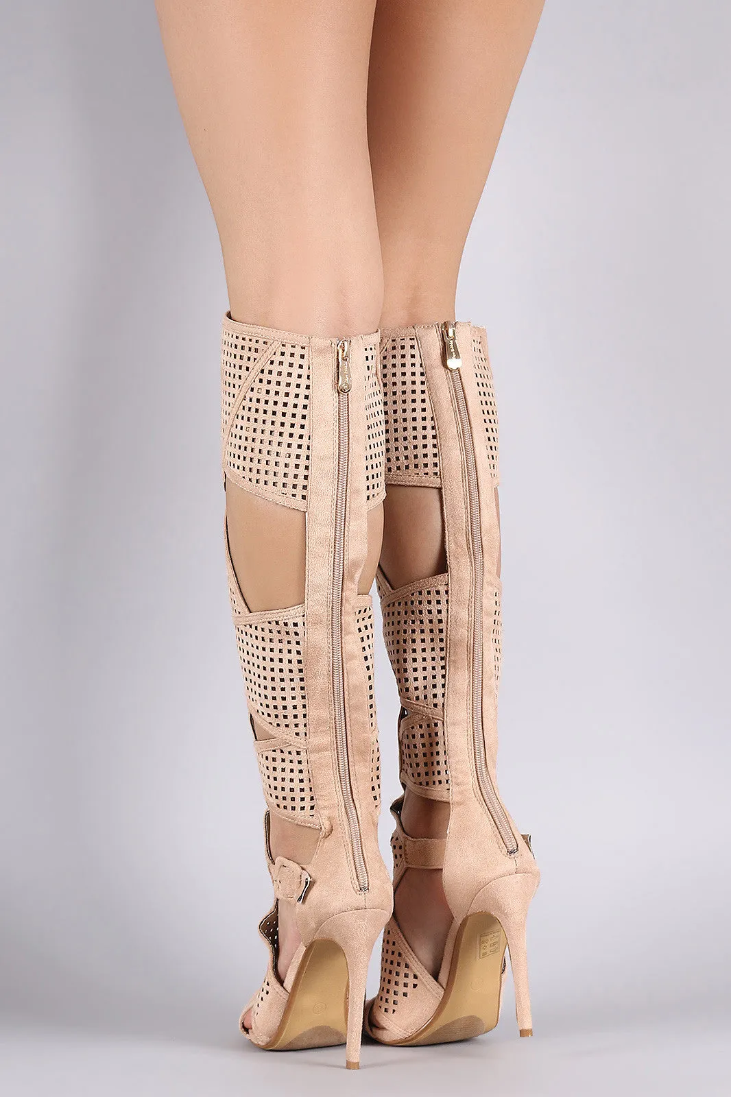 Suede Perforated Cutout Stiletto Knee High Boots