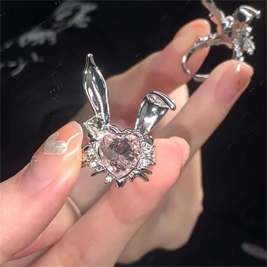 Sweet Crystal Bunny Heart Ring