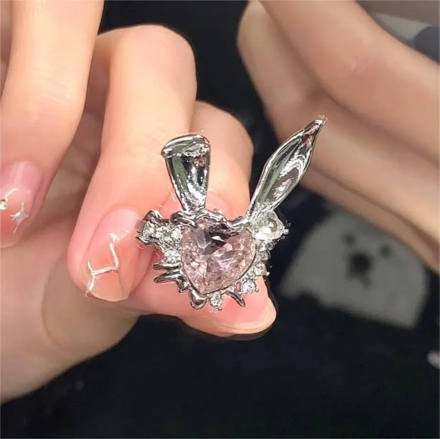 Sweet Crystal Bunny Heart Ring