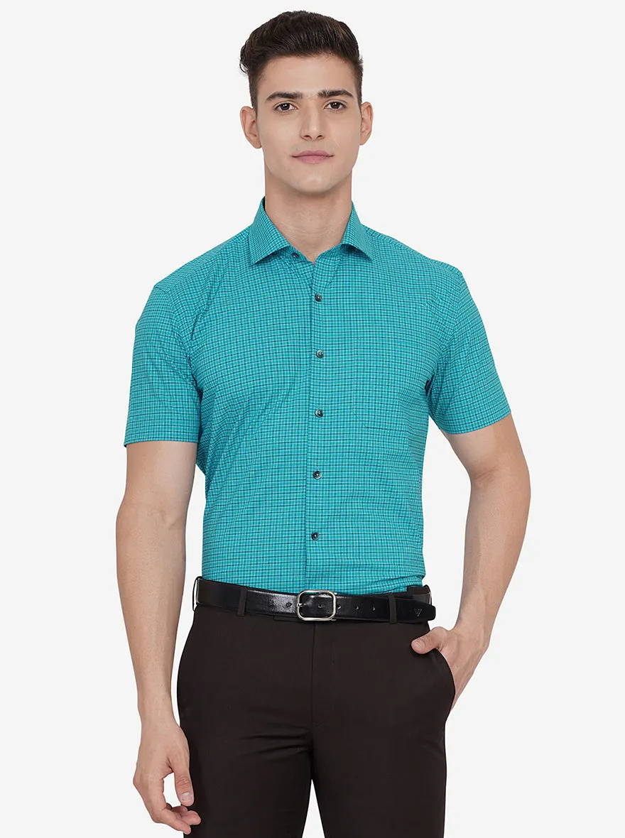 Teal Blue Checked Regular Fit Formal Shirt | JadeBlue