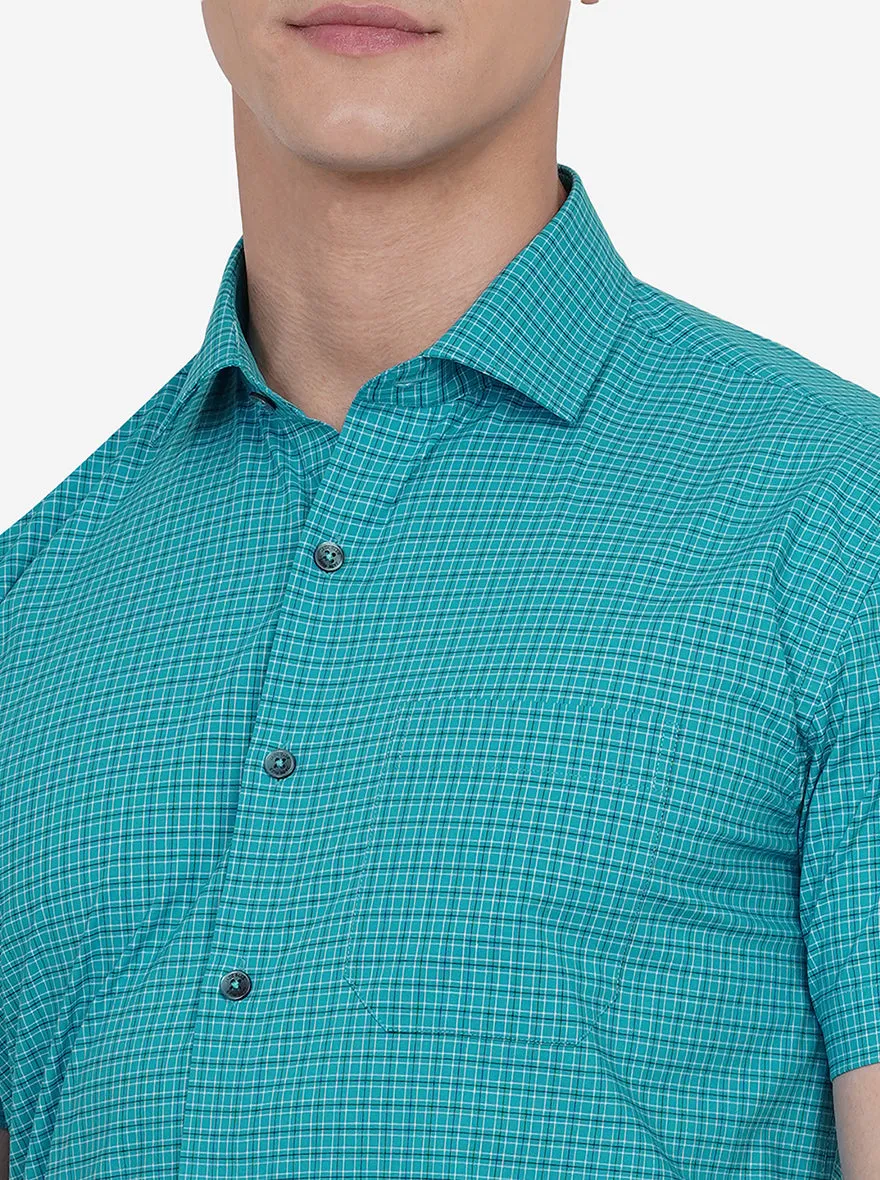 Teal Blue Checked Regular Fit Formal Shirt | JadeBlue