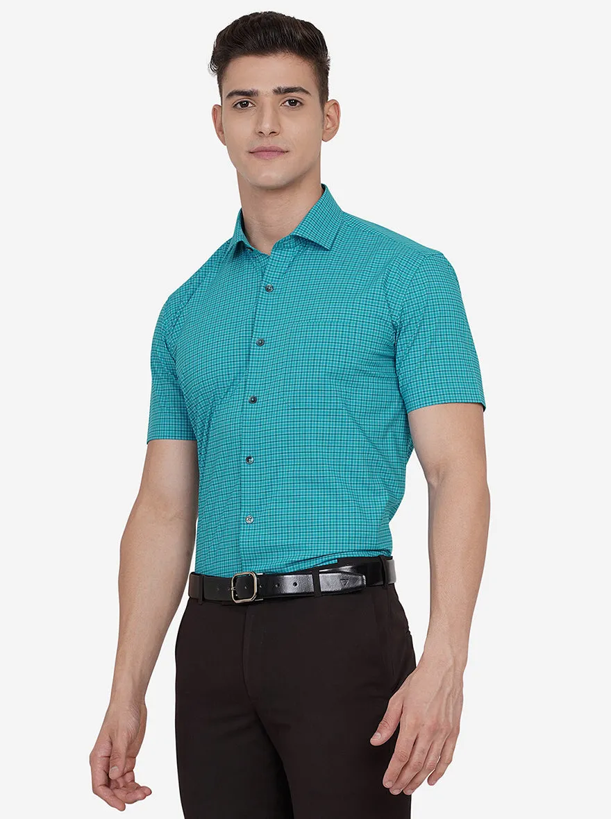 Teal Blue Checked Regular Fit Formal Shirt | JadeBlue