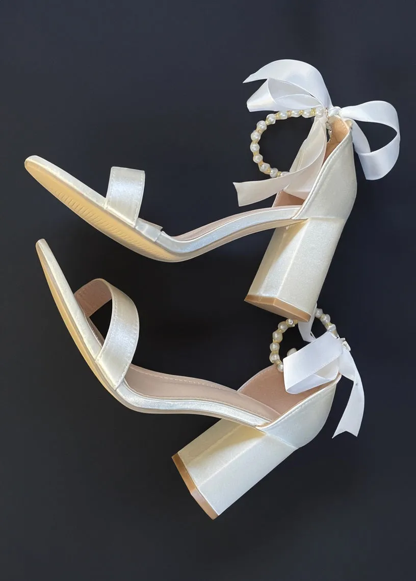 Trish Pearl Ankle Strap Heels Satin