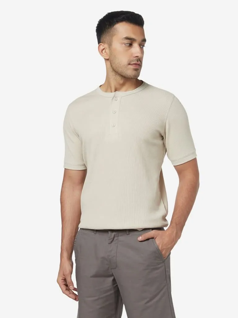 WES Casuals Light Beige Knitted Slim-Fit T-Shirt