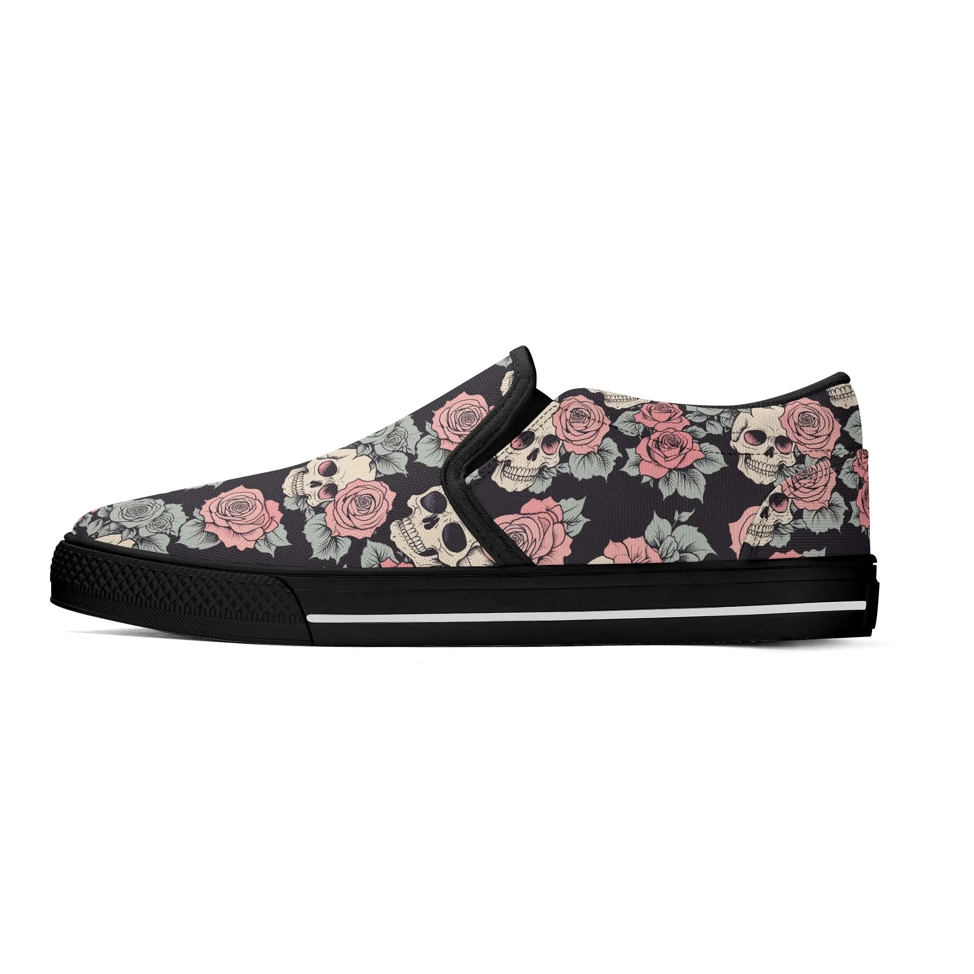 Womens Skull and Pink Rose Rubber Slip On Shoes