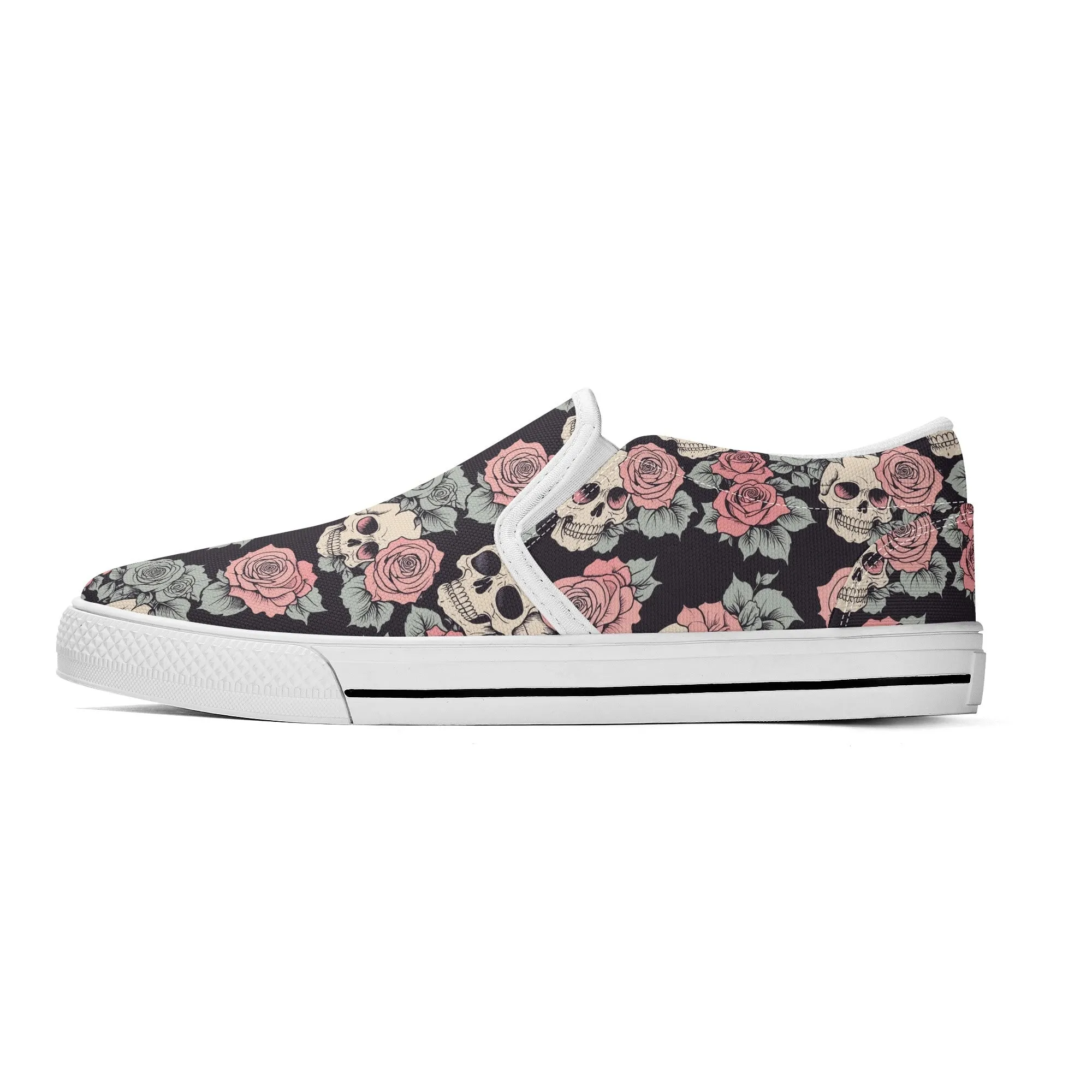 Womens Skull and Pink Rose Rubber Slip On Shoes