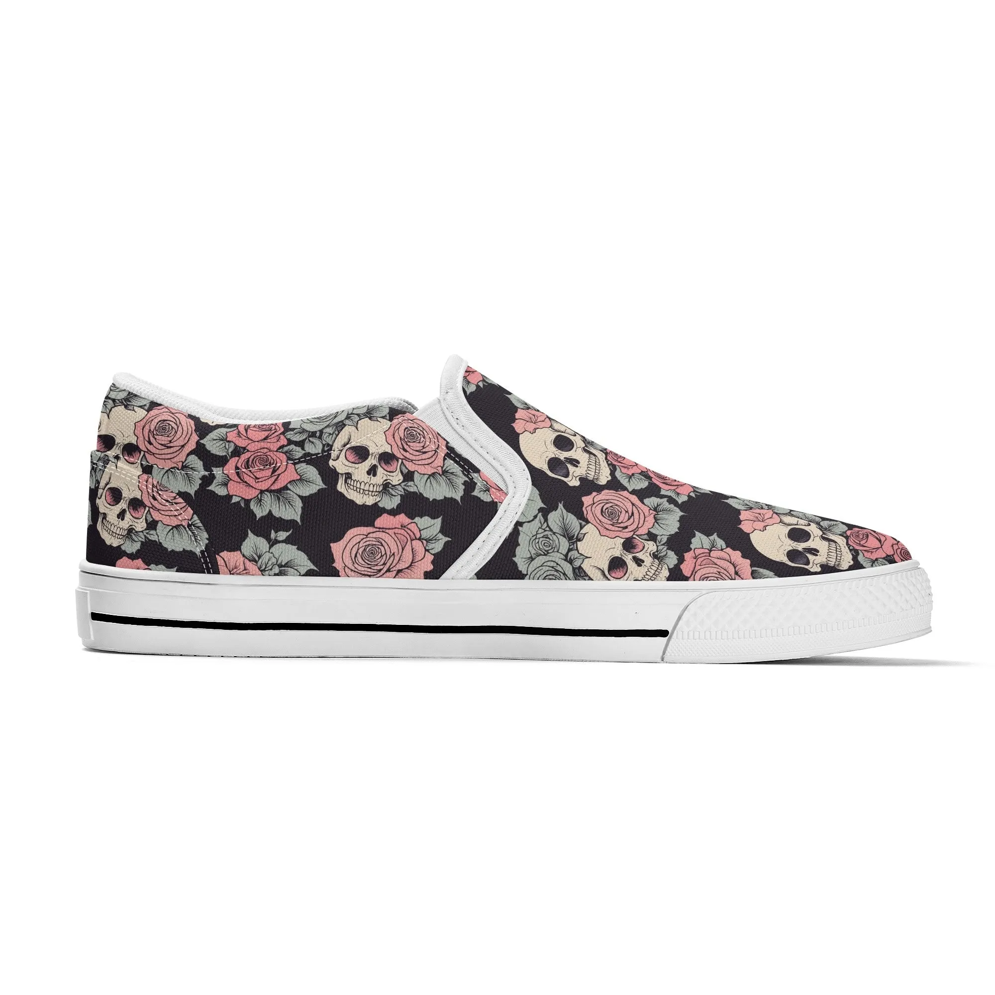 Womens Skull and Pink Rose Rubber Slip On Shoes