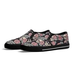 Womens Skull and Pink Rose Rubber Slip On Shoes