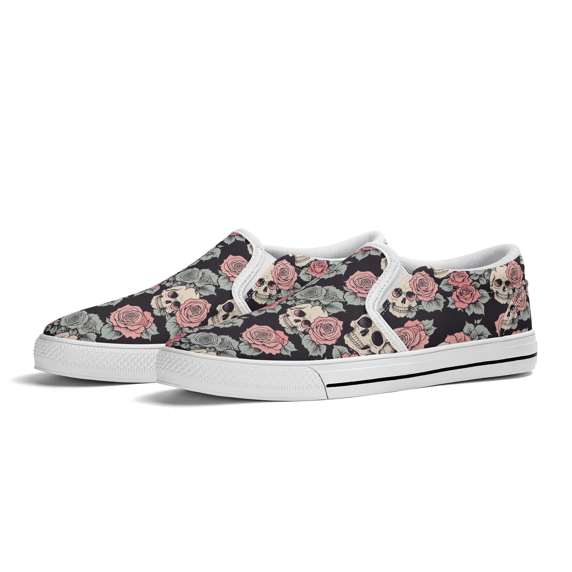 Womens Skull and Pink Rose Rubber Slip On Shoes