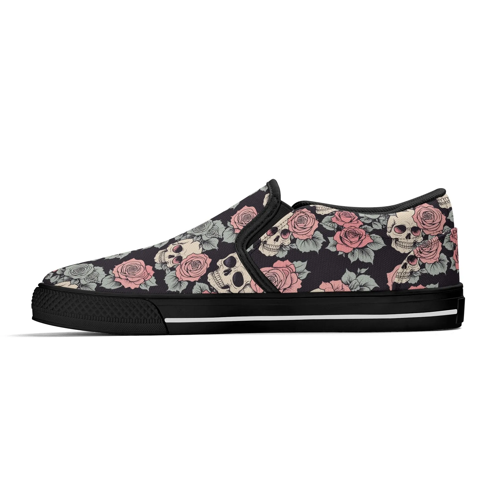 Womens Skull and Pink Rose Rubber Slip On Shoes